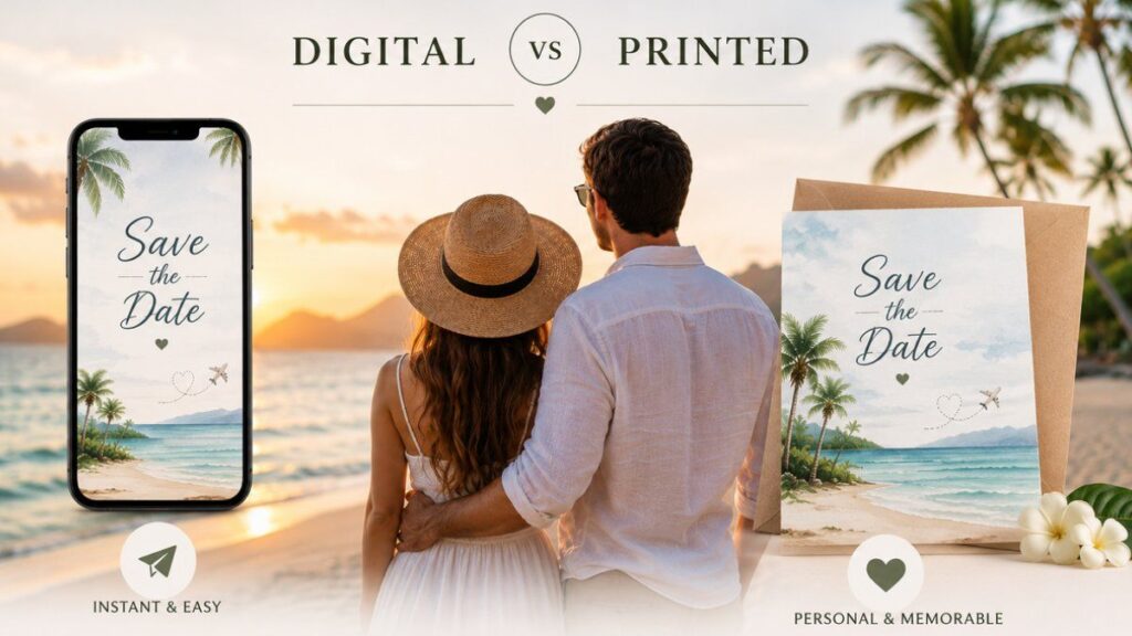 Digital vs printed destination save the date cards comparison featuring a beach wedding couple and travel-themed wedding stationery.