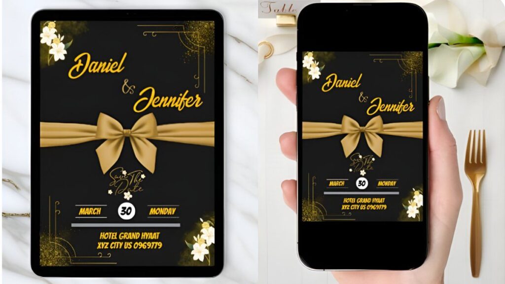 Elegant black and gold digital save the date card with luxury ribbon design and floral accents
