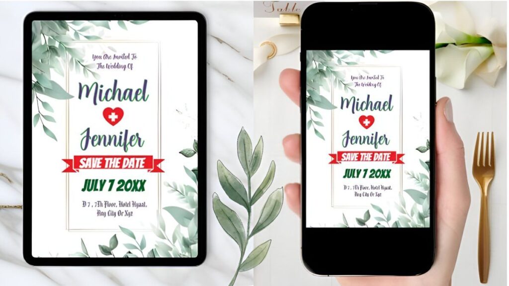Elegant greenery minimalist save the date card featuring botanical leaves and modern wedding typography