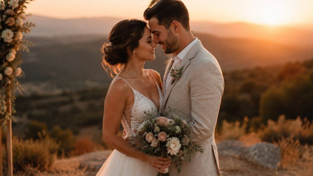 Couple embracing at sunset during a romantic elopement wedding ceremony, featuring elopement save the date wording examples.