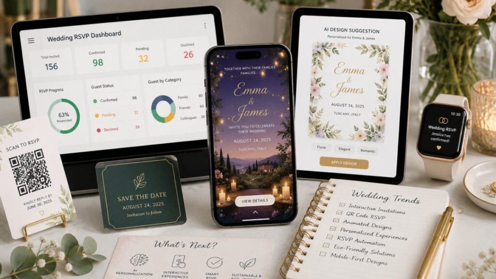 Modern digital wedding invitation displayed on smartphone and tablet with QR code RSVP, AI personalization, and wedding planning dashboard