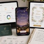 Modern digital wedding invitation displayed on smartphone and tablet with QR code RSVP, AI personalization, and wedding planning dashboard