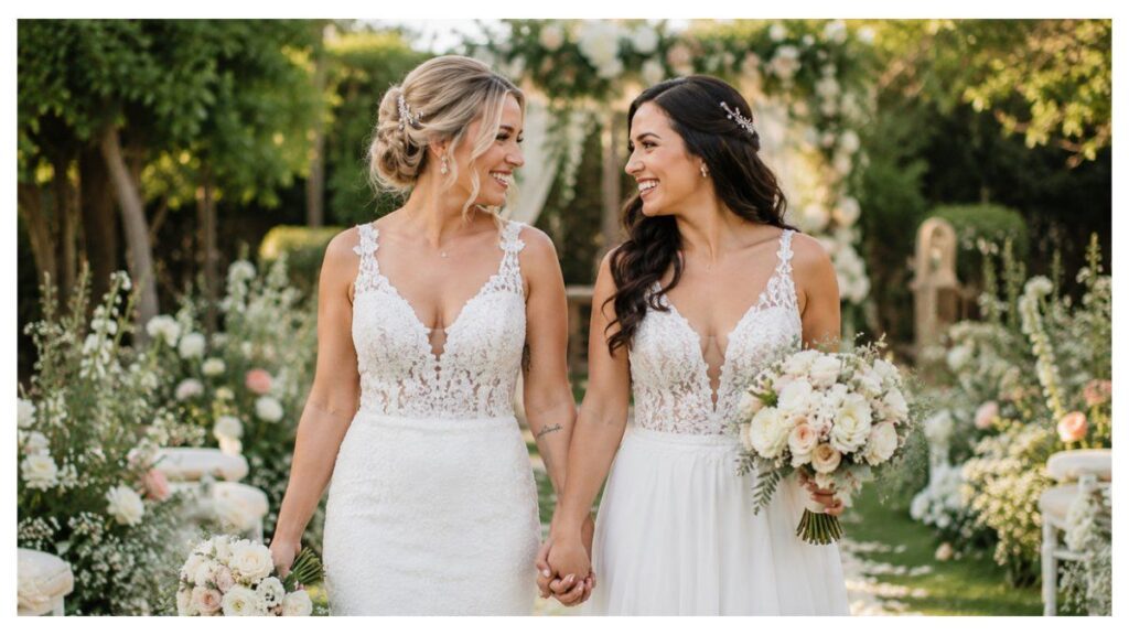 Two brides holding hands at a garden wedding, representing LGBTQ save the date wording examples and wedding announcement ideas.