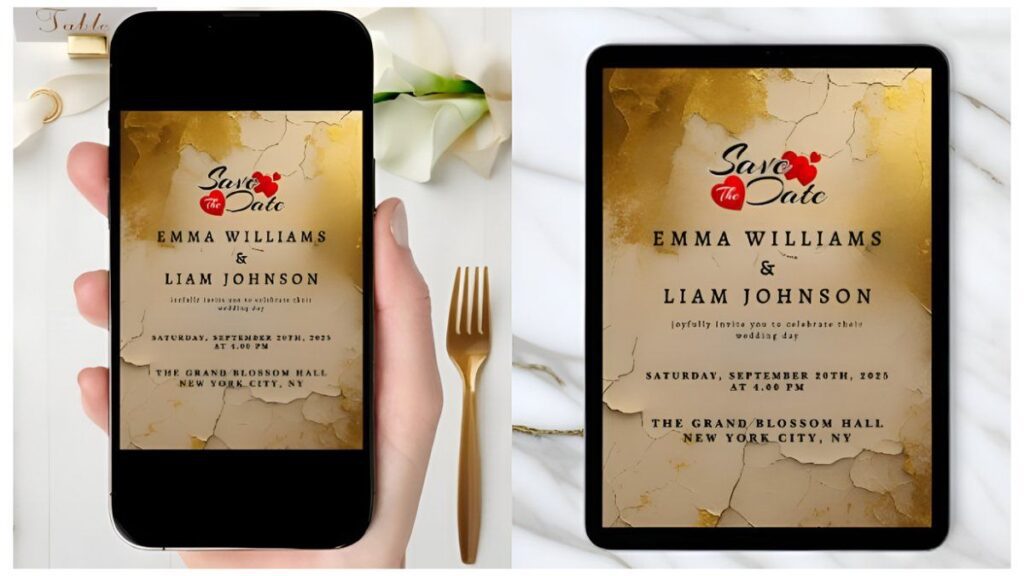 Luxury gold watercolor digital save the date card with elegant typography and parchment-style wedding design