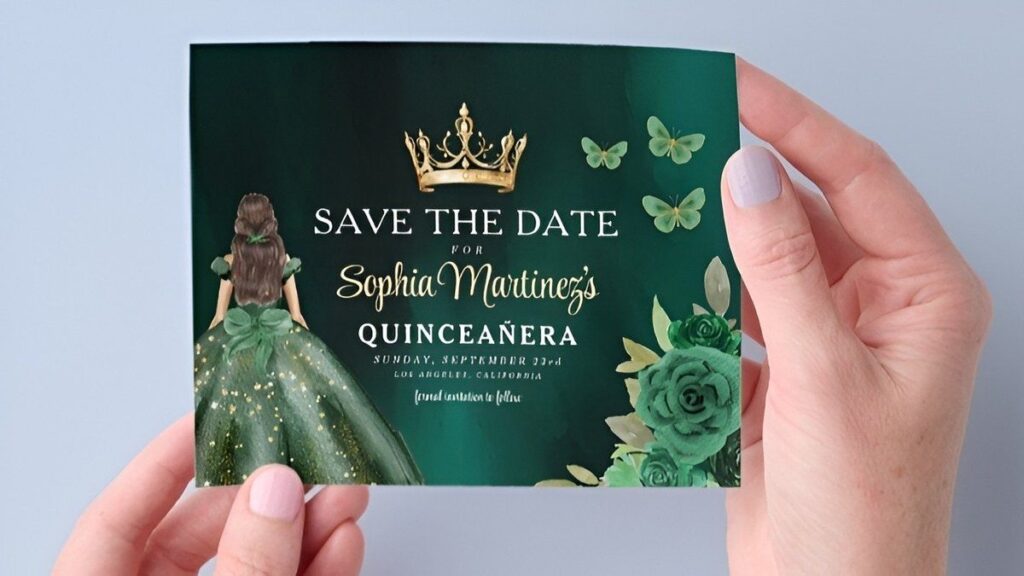Affordable luxury green save the date card featuring elegant gold typography and floral details
