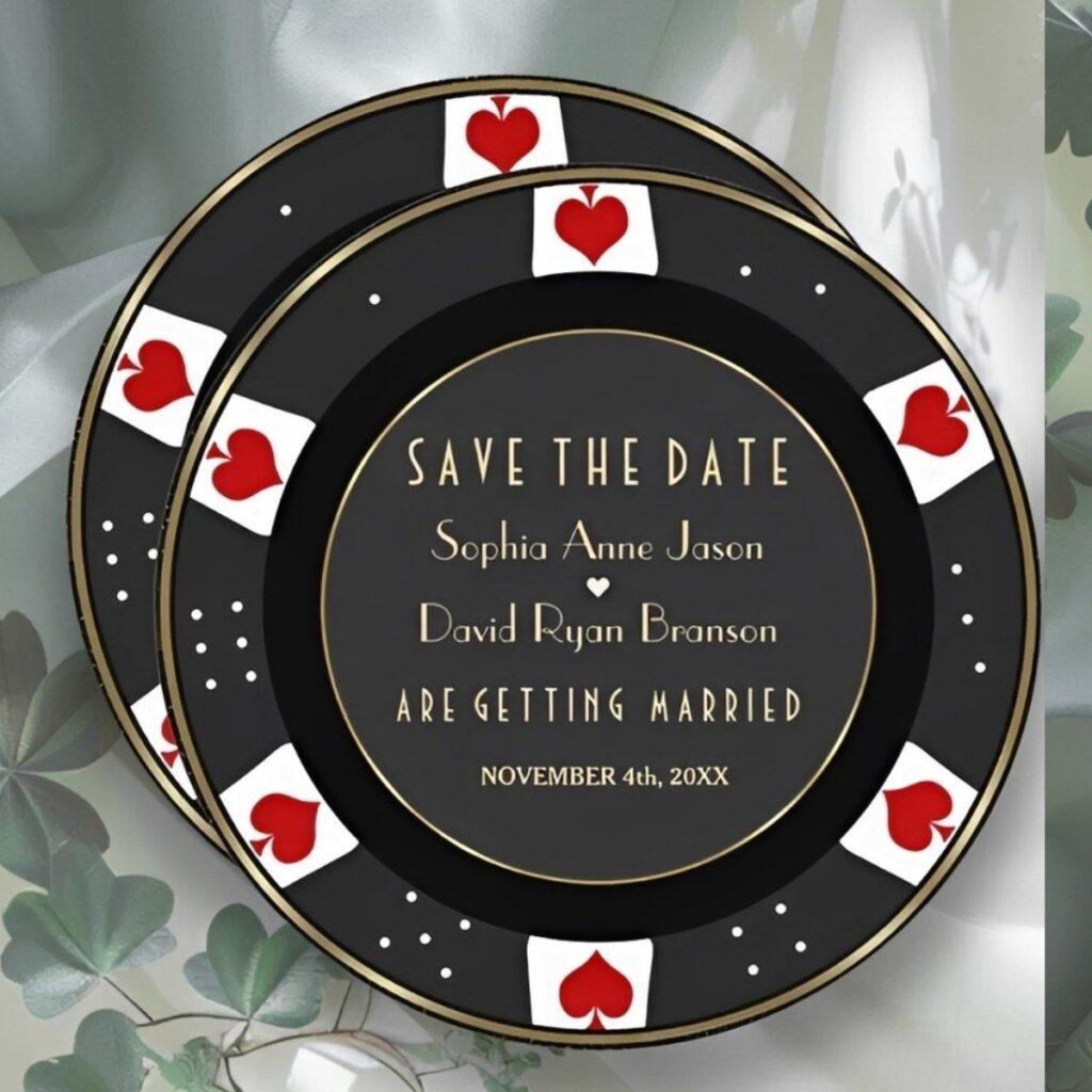 Luxury round save the date card featuring elegant black and gold design with card suit motifs for a formal destination wedding.
