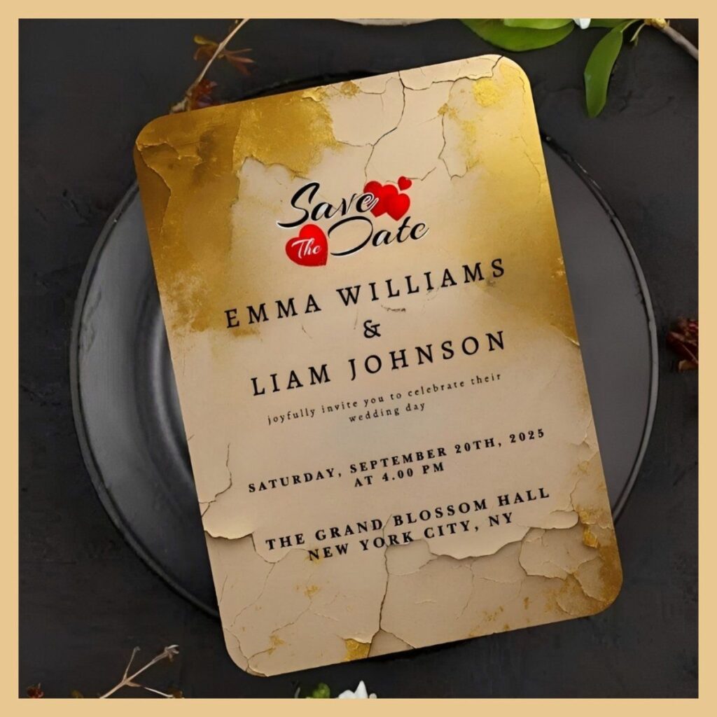 Minimalist destination save the date card featuring vintage gold distressed texture with bold typography and red heart accents.