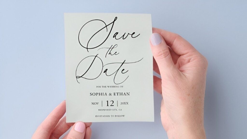 inexpensive minimalist save the date card with elegant typography and modern wedding design