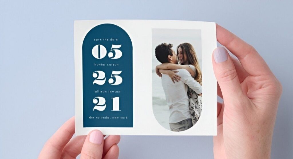 Cheapest modern photo save the date card featuring an arch design layout and romantic engagement photo