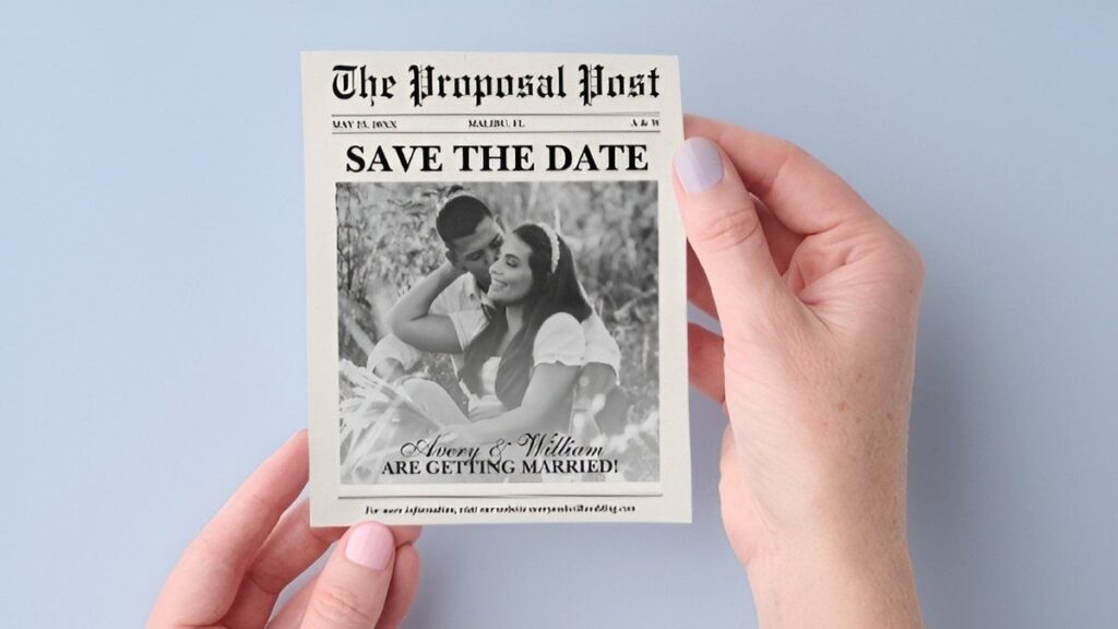 Affordable newspaper style save the date card featuring a black and white engagement photo and vintage newspaper design