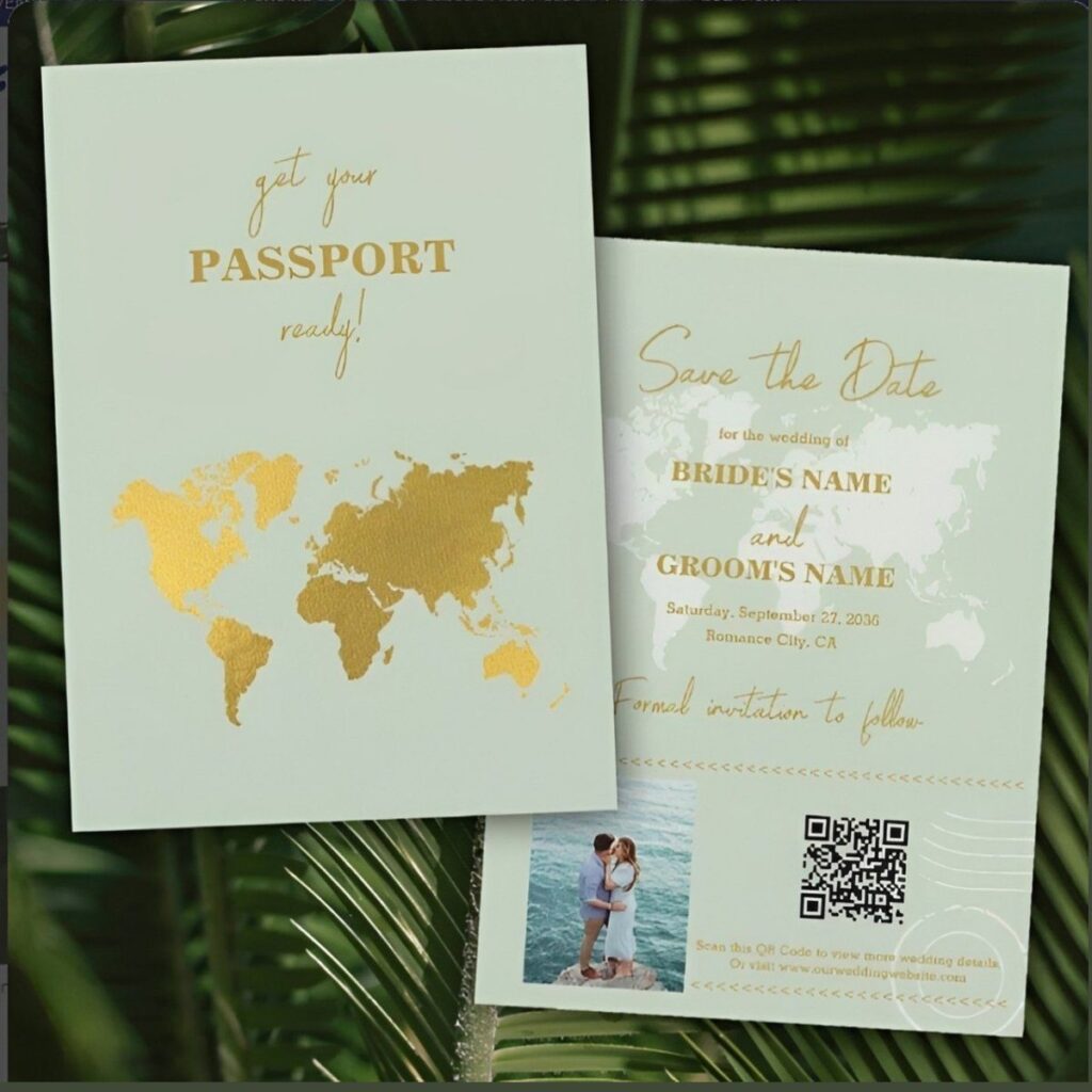 Passport destination save the date card featuring a world map design, travel-themed wedding announcement, and elegant destination wedding stationery.