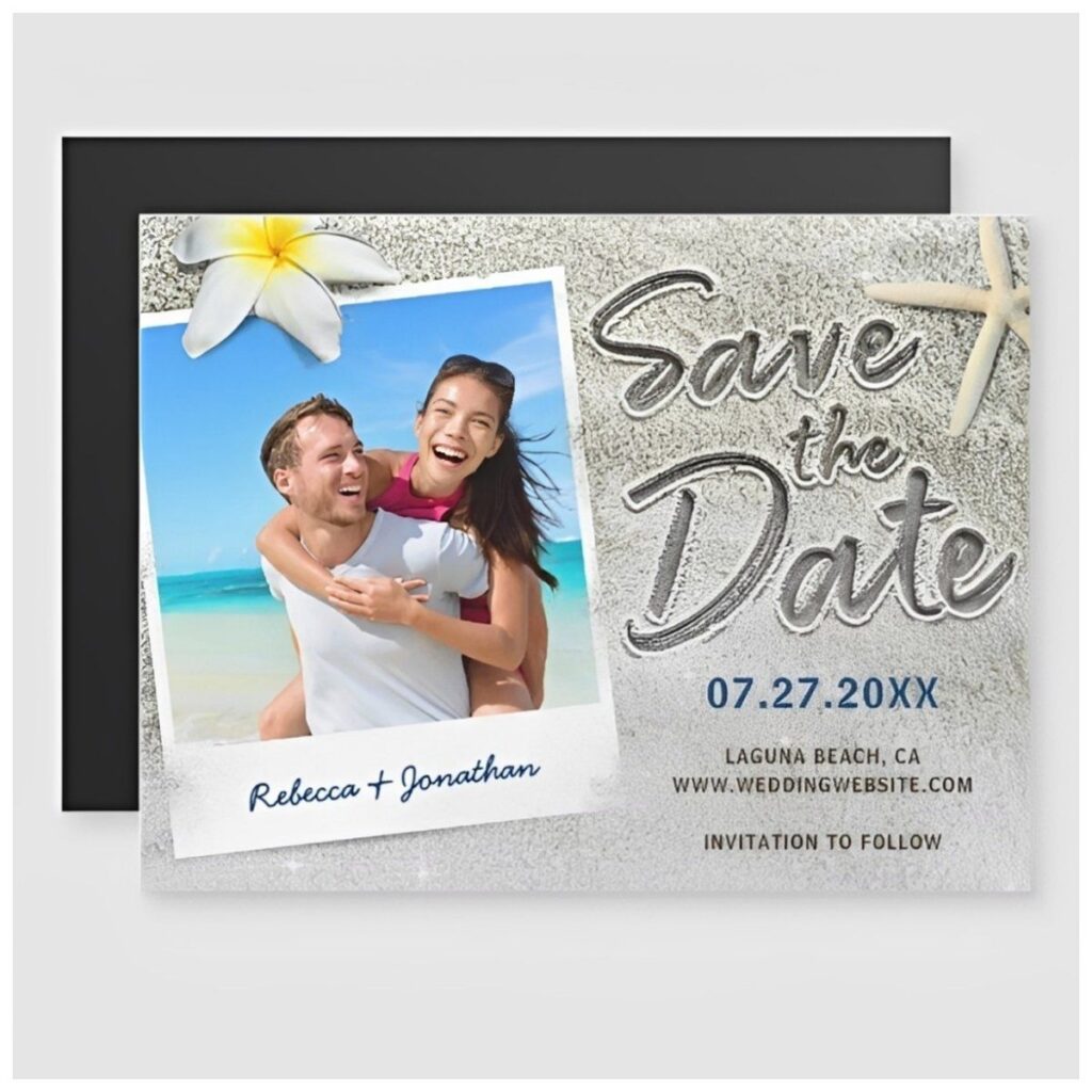 Photo beach destination save the date card featuring a couple's engagement photo, sandy beach background, and tropical wedding theme.