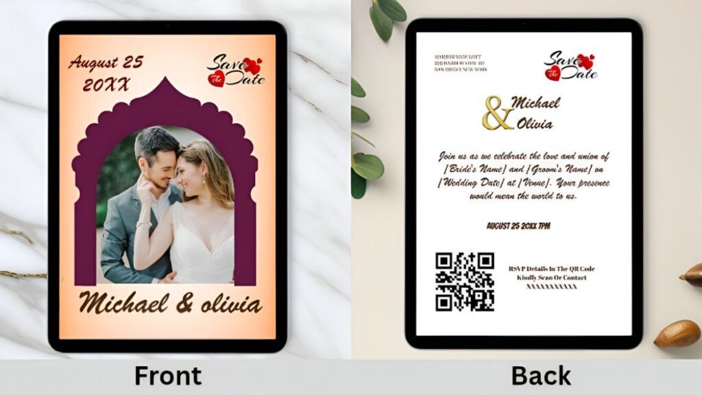 Romantic arch photo digital save the date card featuring a personalized couple portrait and QR code RSVP