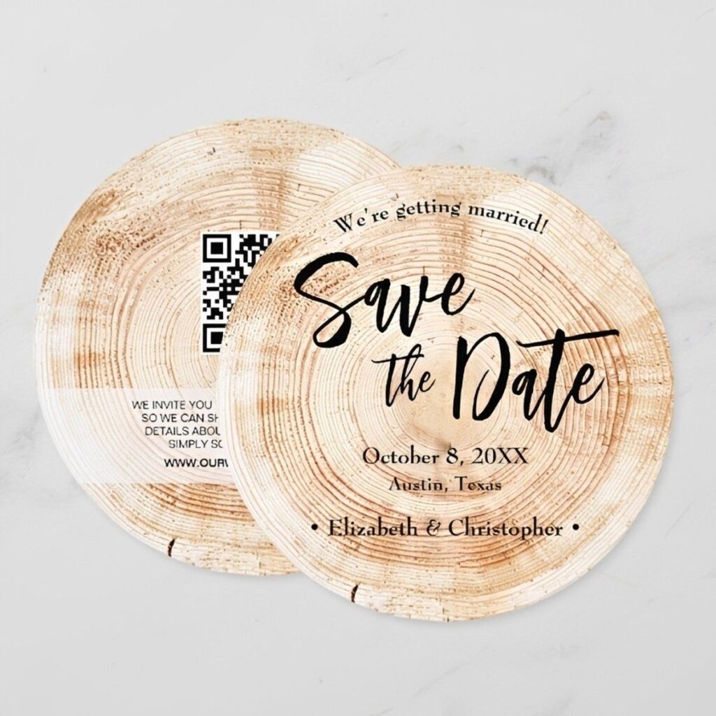 Round rustic wood slice save the date card with hand-lettered script for barn and country weddings