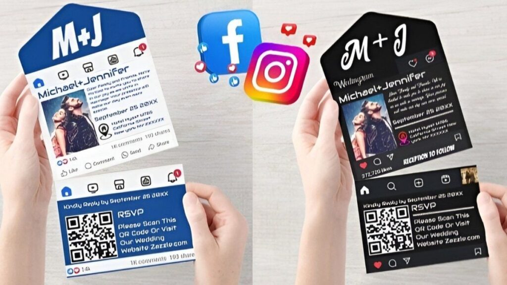 Facebook and Instagram inspired wedding invitation cards with QR code RSVP and custom couple photos