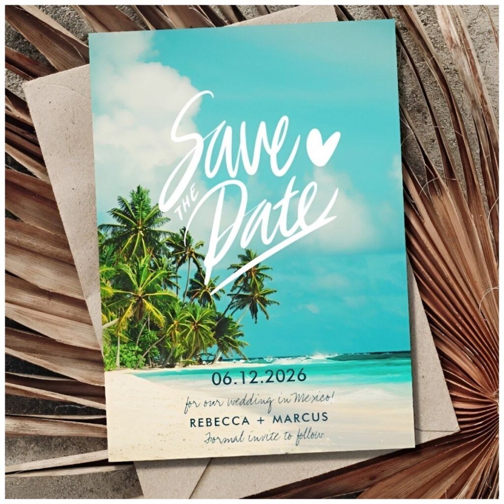 Tropical destination save the date card featuring palm trees, turquoise ocean water, and a beach wedding theme.