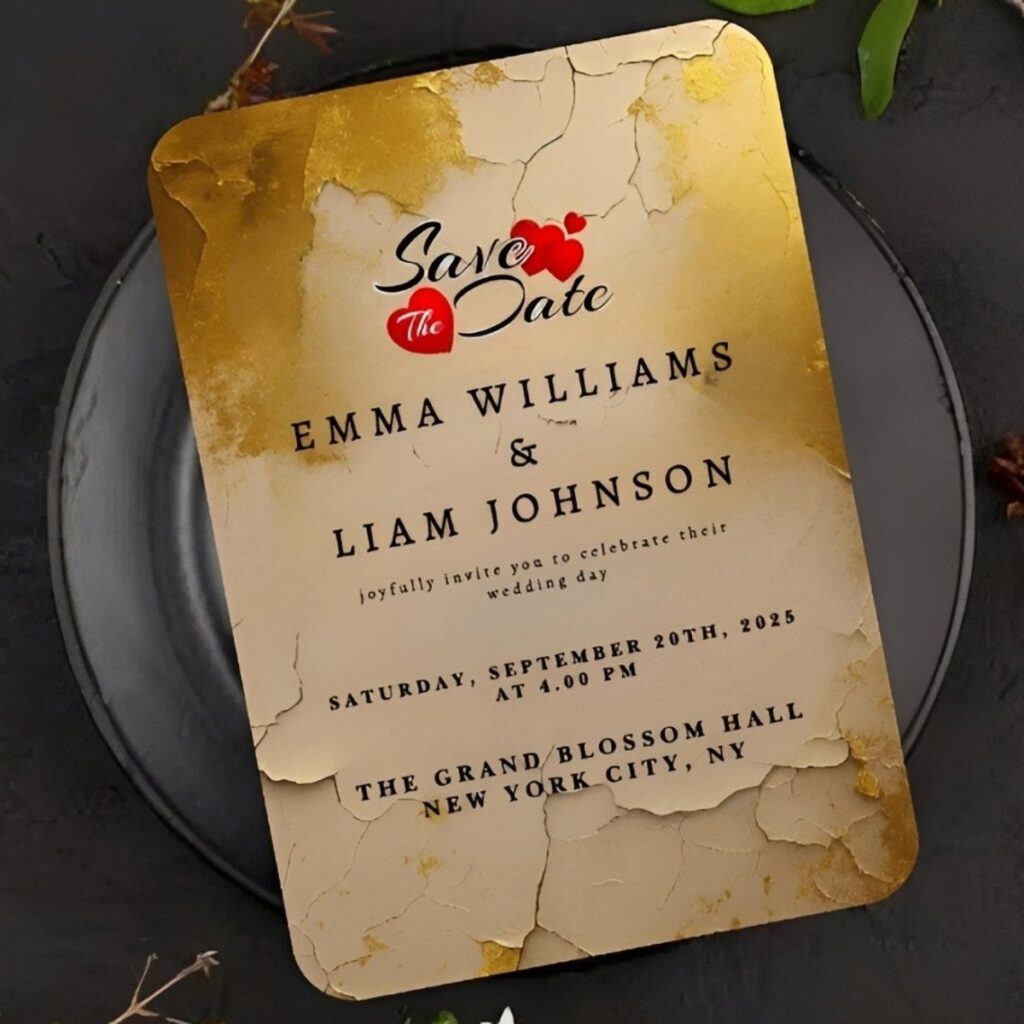 Vintage distressed gold rustic save the date card with bold typography and red heart accents for romantic weddings