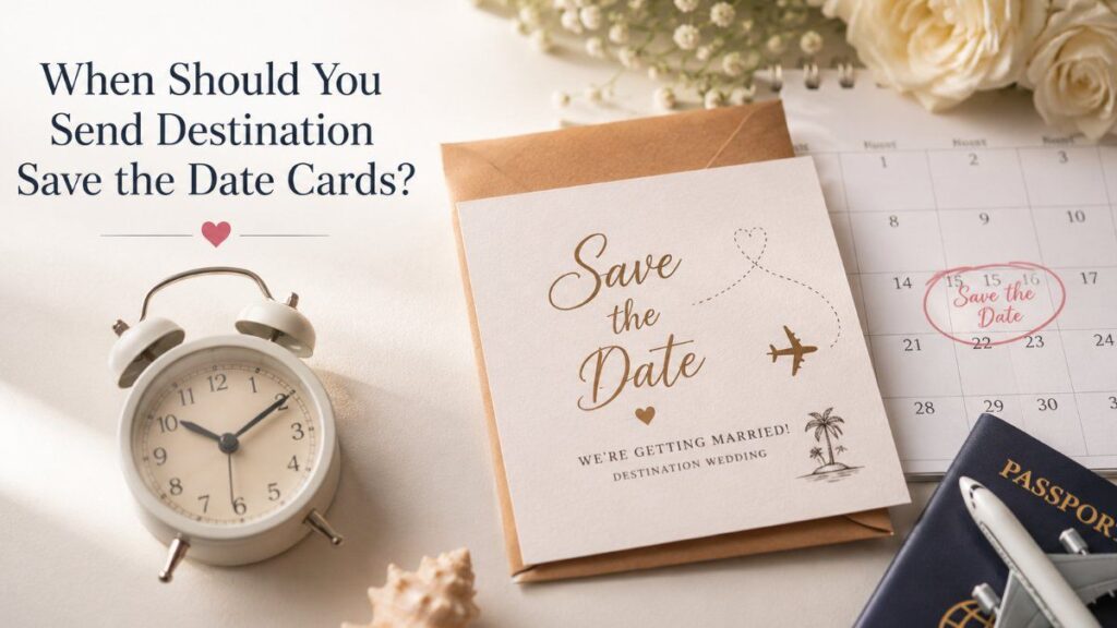 Destination save the date card with calendar, passport, and travel planning items showing wedding announcement timing.