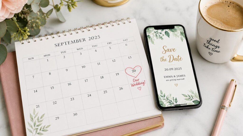 Calendar with wedding date marked alongside a smartphone displaying a digital save the date card and a coffee cup