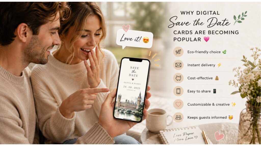 British couple viewing a digital save the date card on a smartphone and discussing modern wedding planning