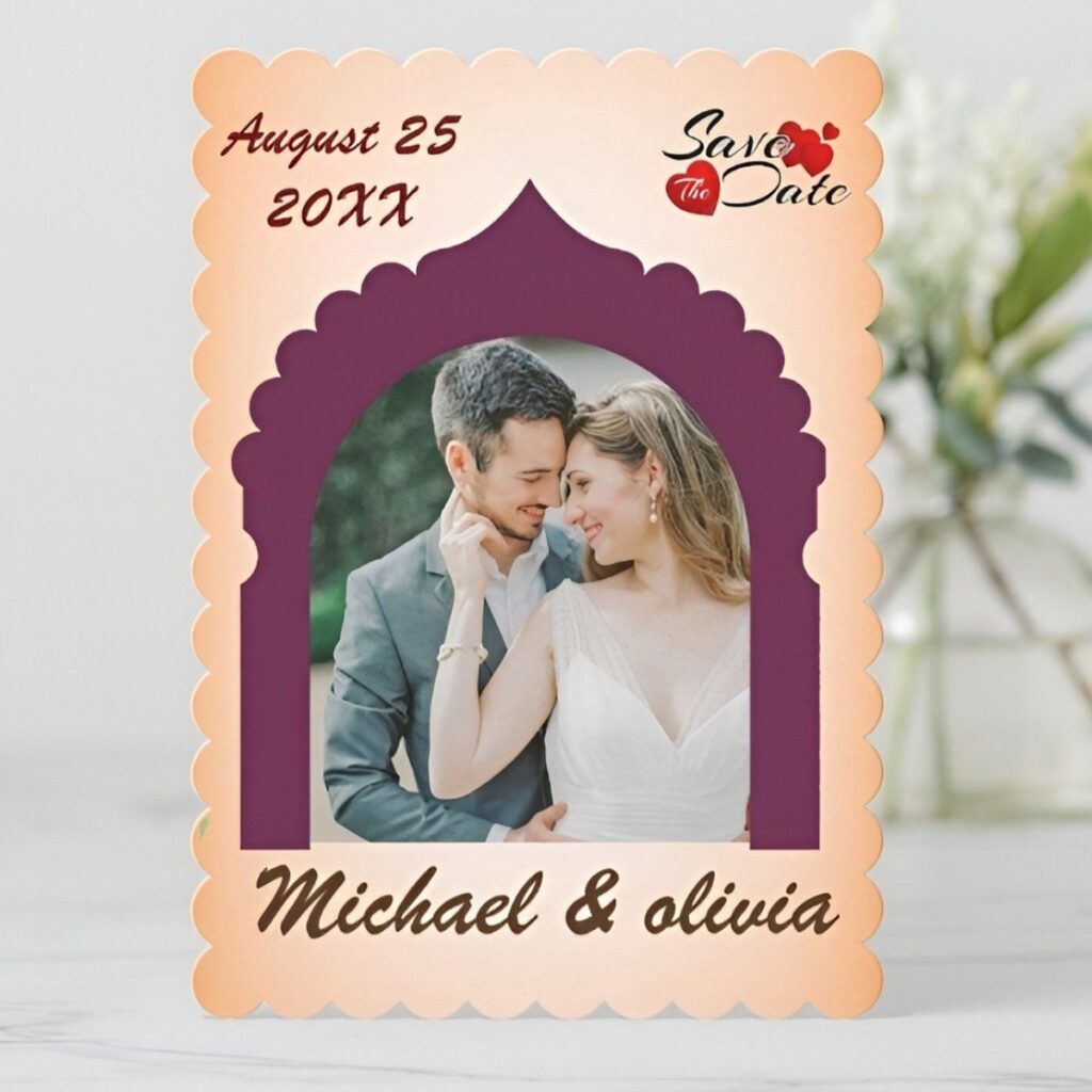 Boho rustic arch photo save the date card with peach background, scalloped edges, and personalized couple photo