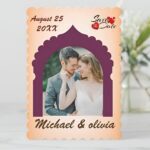 Boho rustic arch photo save the date card with peach background, scalloped edges, and personalized couple photo