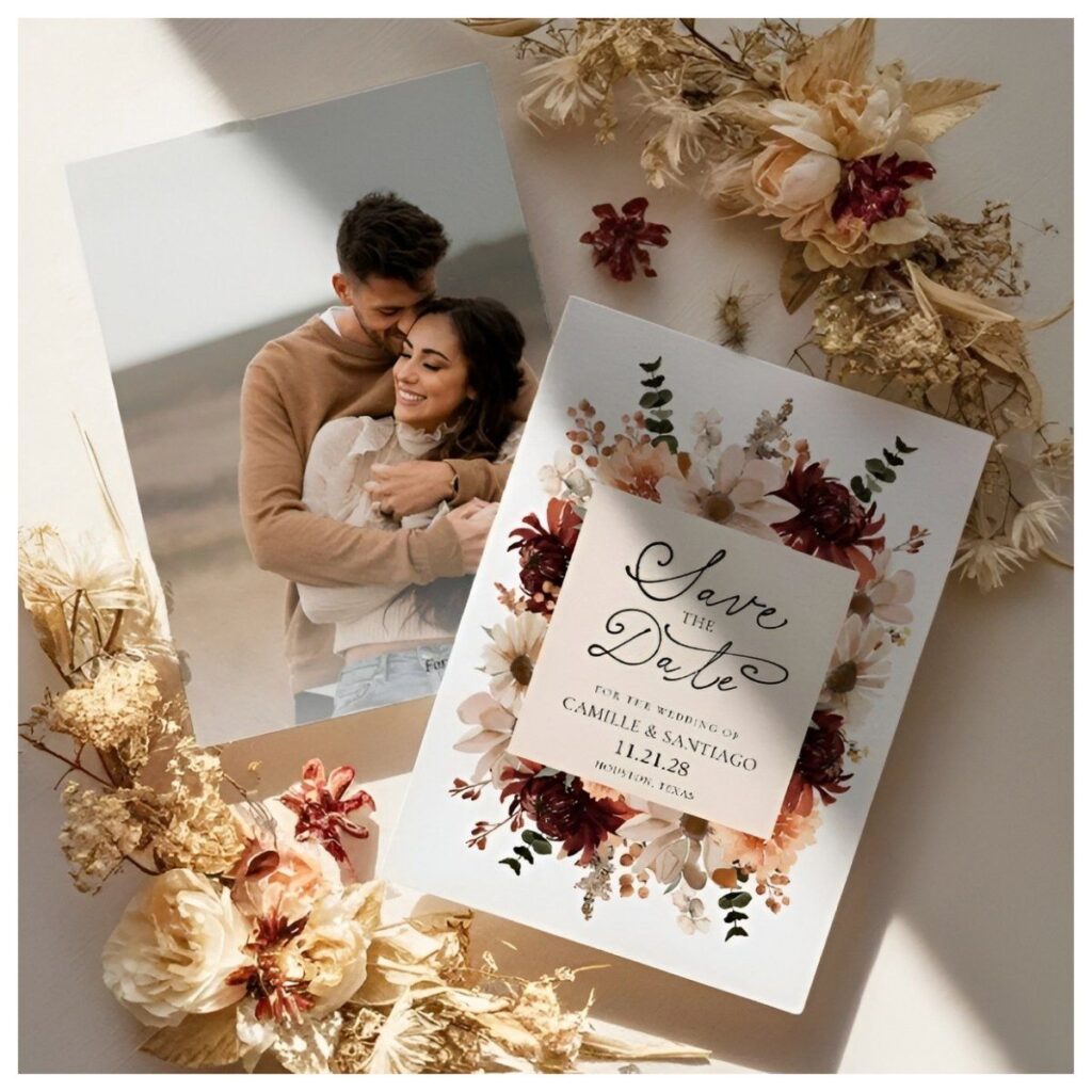 Burgundy and blush floral save the date card featuring romantic flowers, elegant script typography, and a personalized engagement photo on the back.