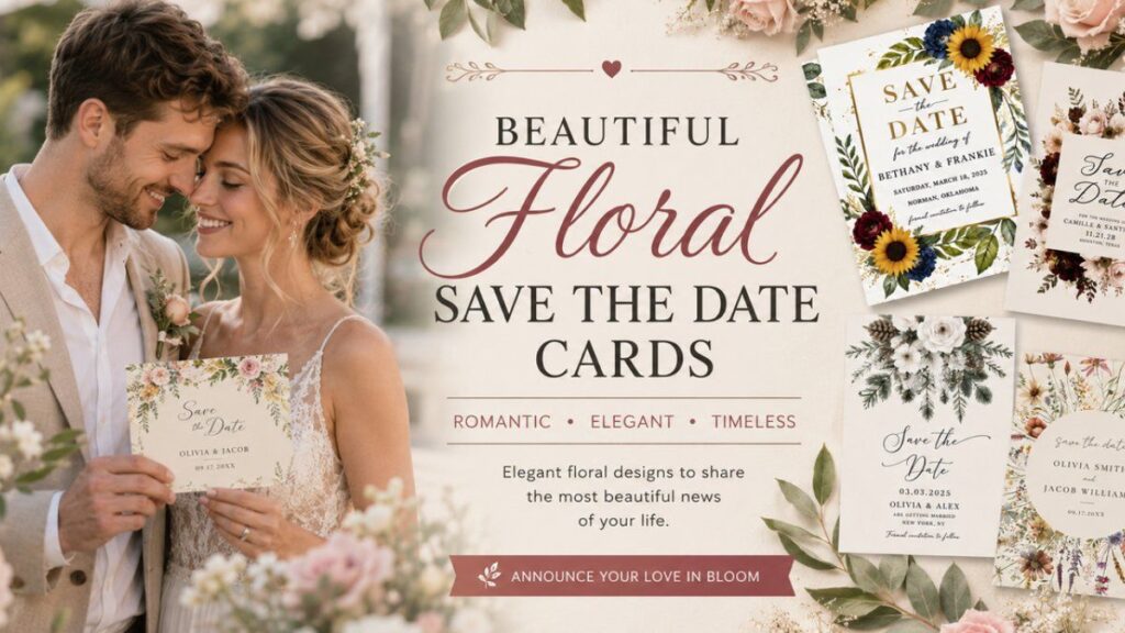British couple holding hands with elegant floral save the date cards surrounded by romantic pastel flowers, perfect for floral weddings.