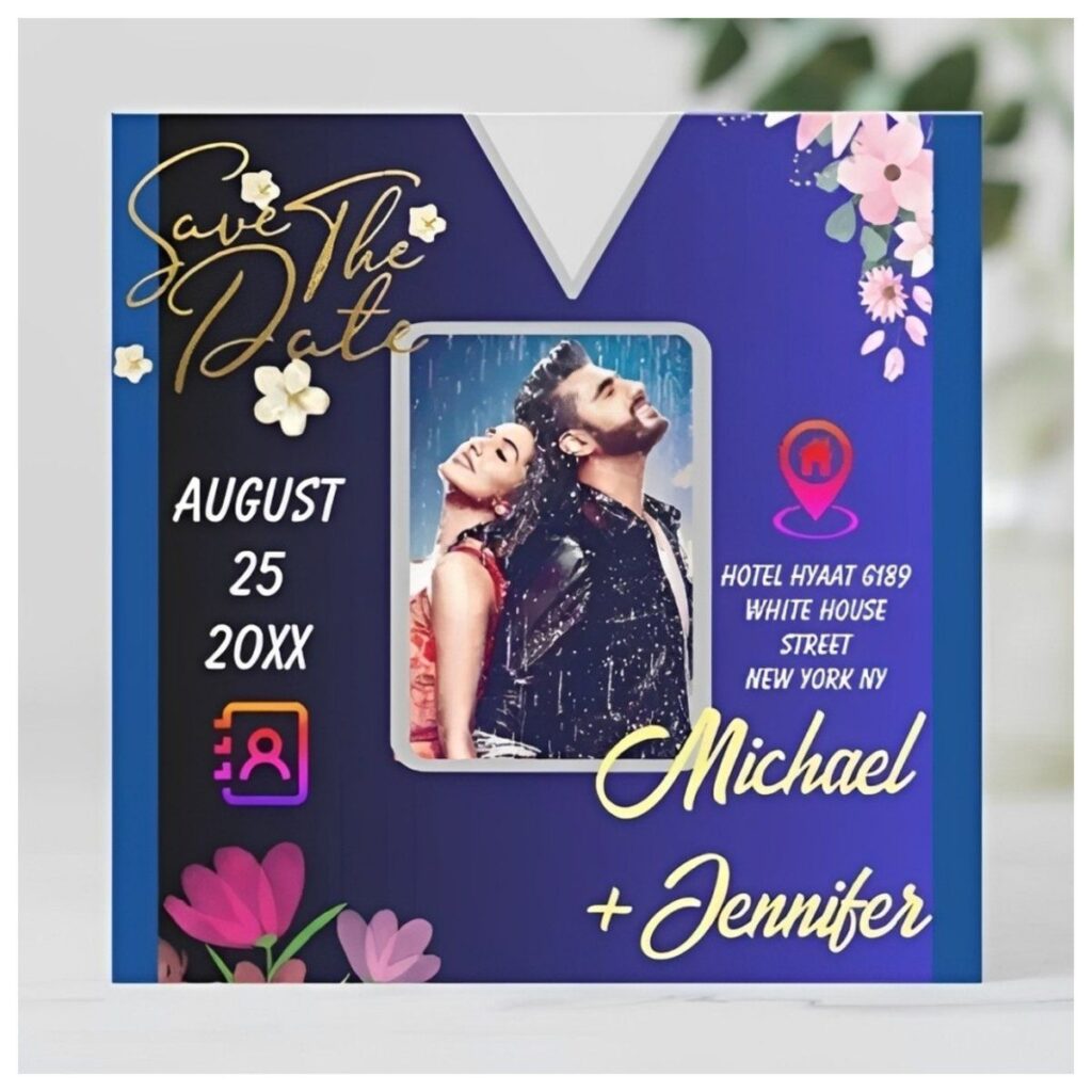 Modern floral photo save the date card featuring a personalized engagement photo, elegant floral accents, gold lettering, and a QR code for RSVP details.