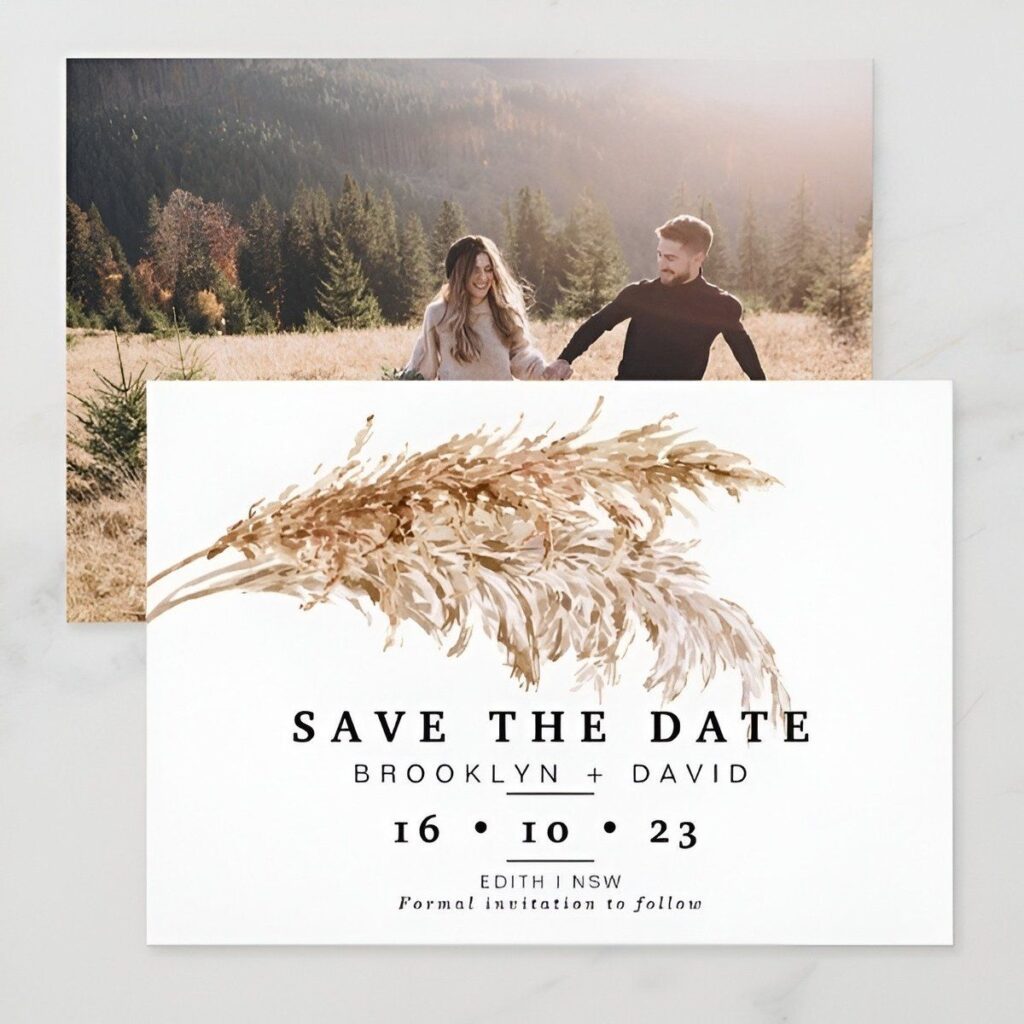 Pampas grass rustic save the date card with minimalist boho design and neutral earthy colors
