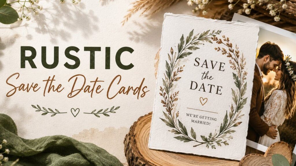 Rustic save the date cards banner with wood slice card, botanical wedding design, and rustic couple photo
