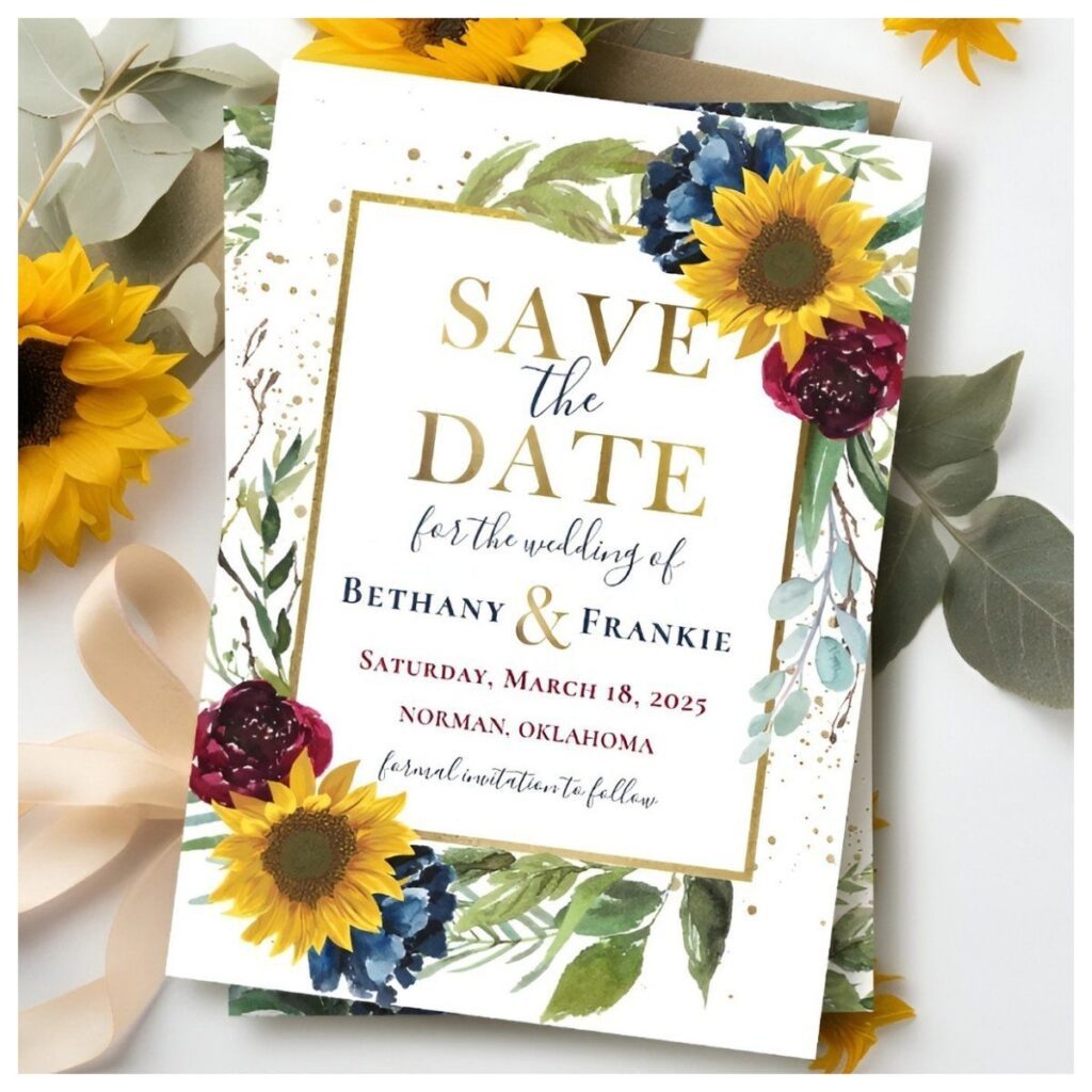 Sunflower Floral Save the Date Card featuring vibrant watercolor sunflowers, blue hydrangeas, lush greenery, and elegant gold accents.