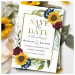 Sunflower Floral Save the Date Card featuring vibrant watercolor sunflowers, blue hydrangeas, lush greenery, and elegant gold accents.