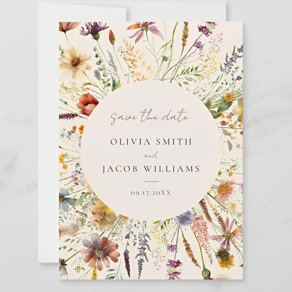 Wildflower Meadow Floral Save the Date Card featuring delicate watercolor wildflowers, pastel botanical illustrations, and a minimalist circular layout.
