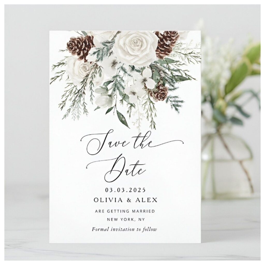 Winter Pine & White Rose Save the Date Card featuring ivory roses, evergreen branches, pinecones, eucalyptus, and elegant script typography.