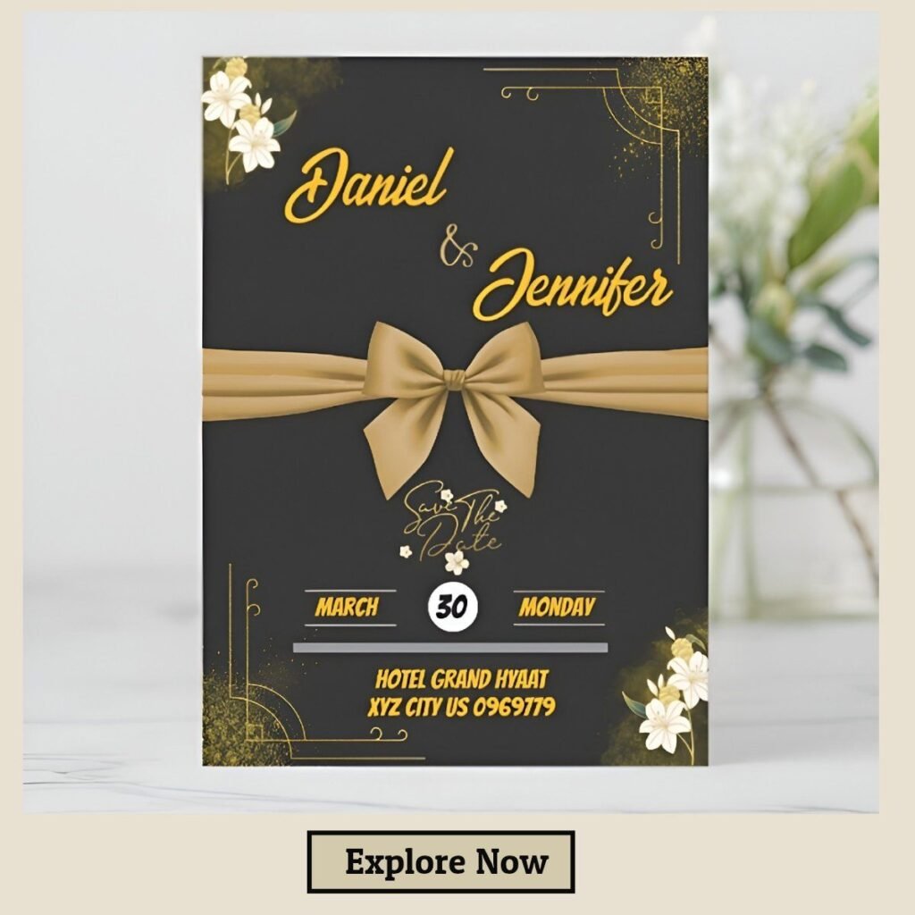 Black and gold minimalist save the date card with bow and floral accents