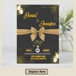 Black and gold minimalist save the date card with bow and floral accents