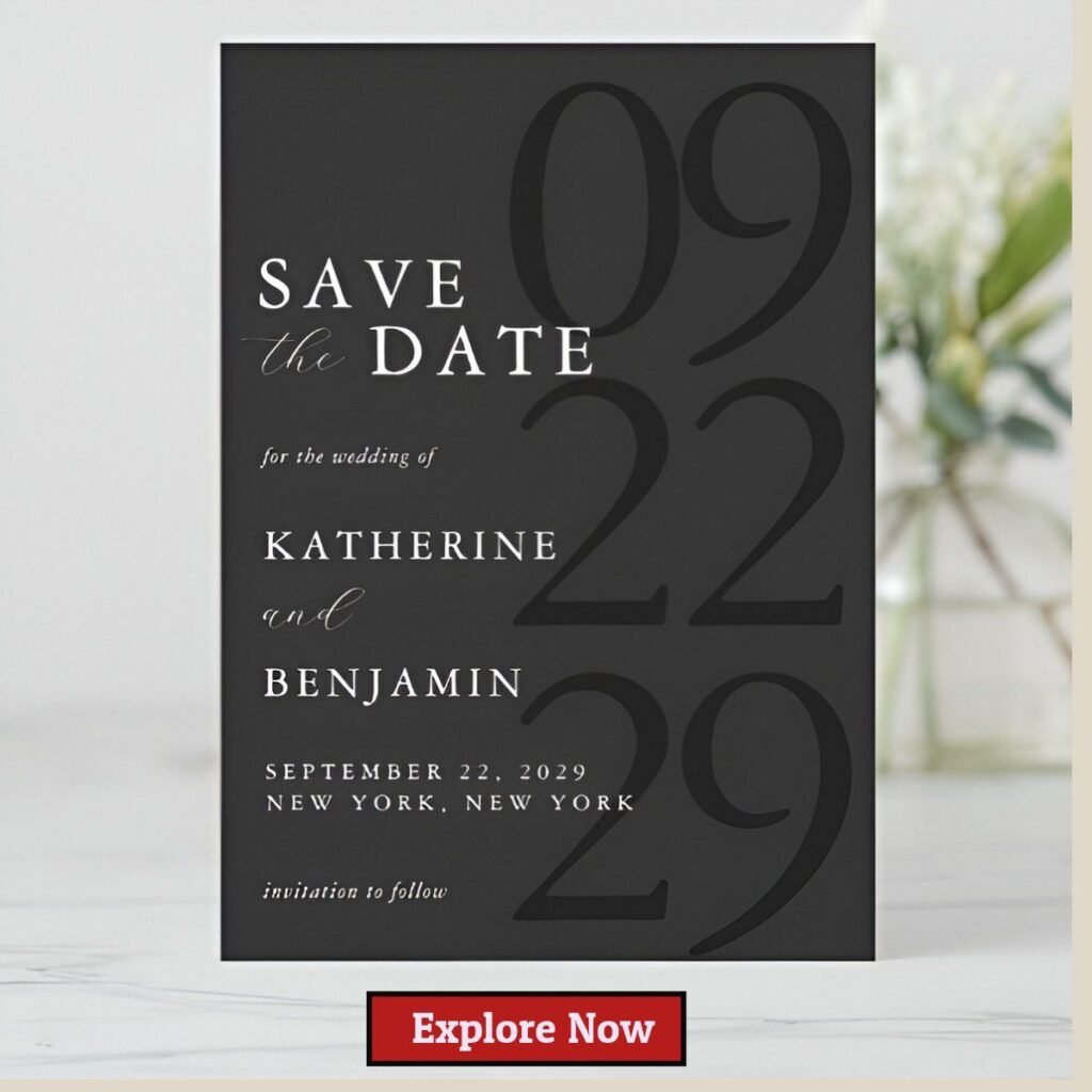 Black modern minimalist save the date card with oversized year numbers and white typography