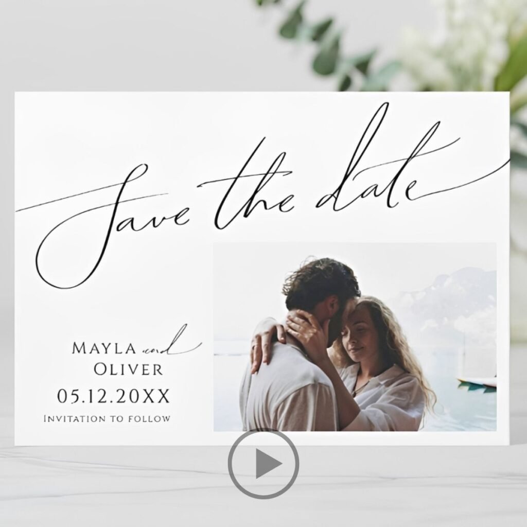 Boho minimalist save the date card with elegant calligraphy and couple photo