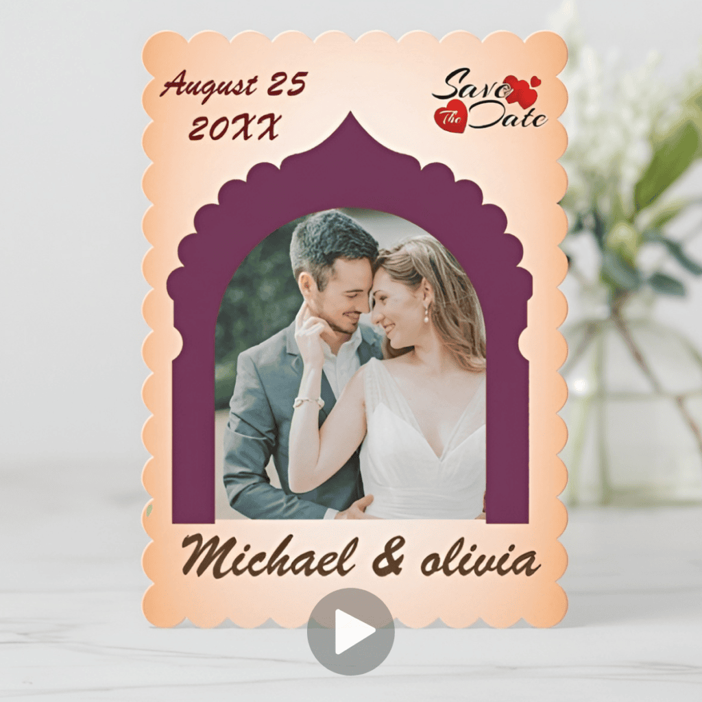 Boho photo save the date card with scalloped edges and burgundy arch