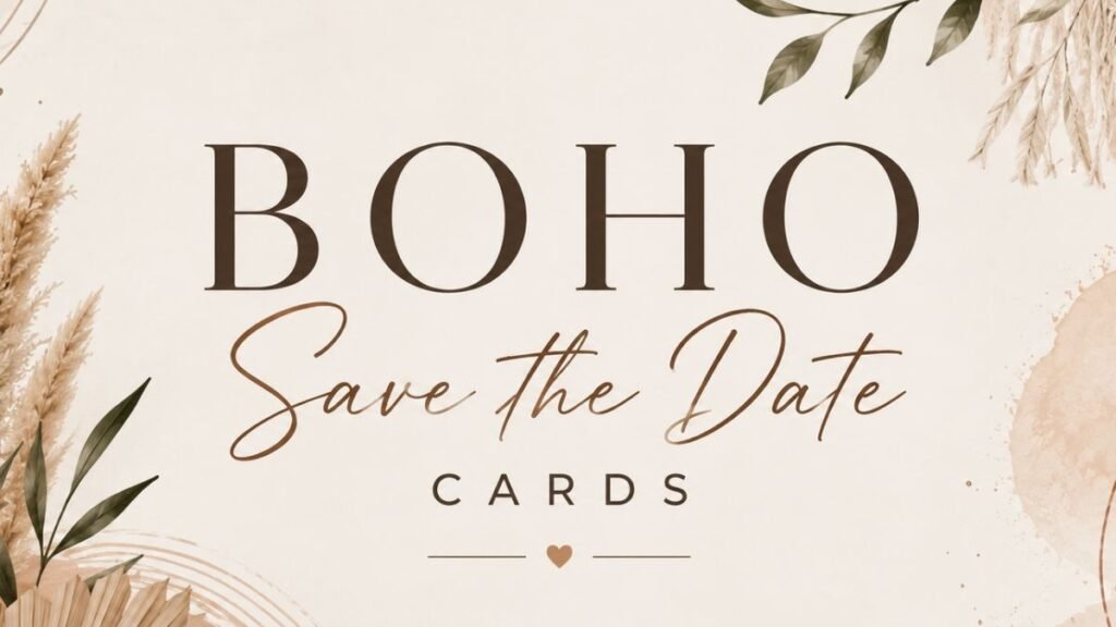 Boho save the date cards with neutral botanical wedding design