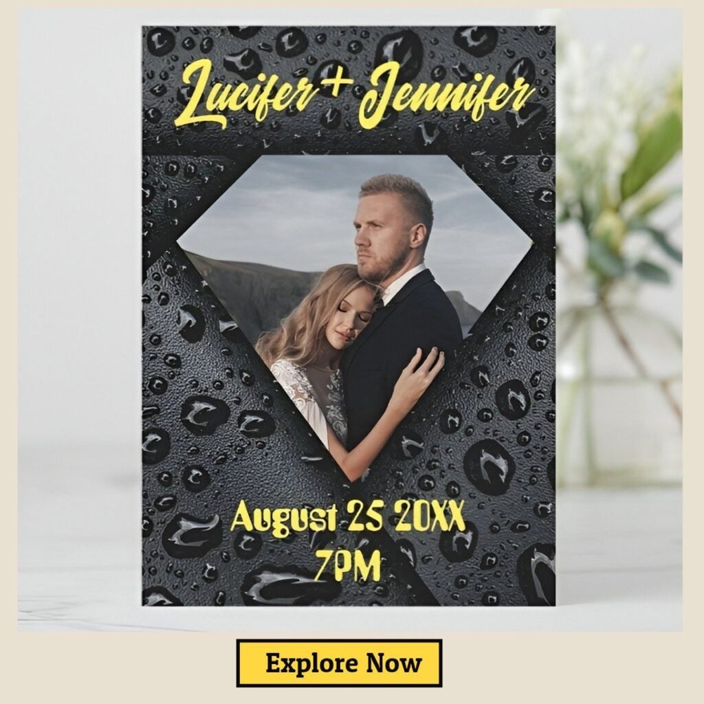 Bold black minimalist photo save the date card with yellow typography and couple photo