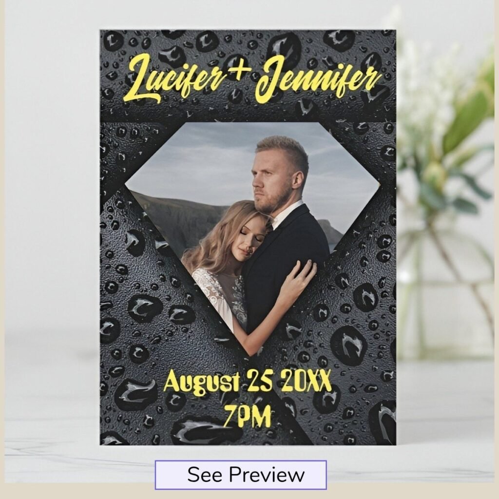 Modern black diamond photo save the date card with a personalized engagement photo and elegant geometric design.
