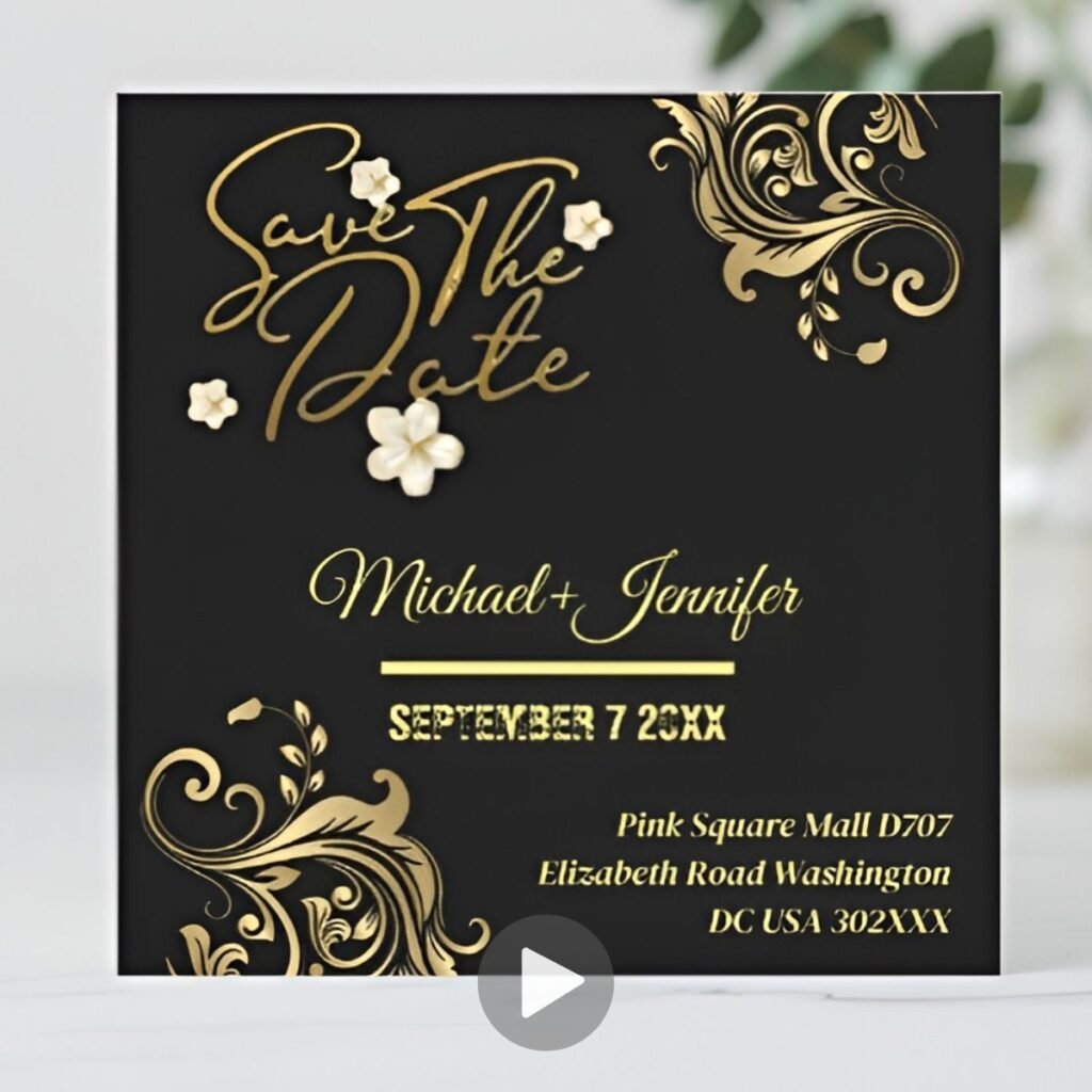 Elegant black and gold boho save the date card with ornate floral details