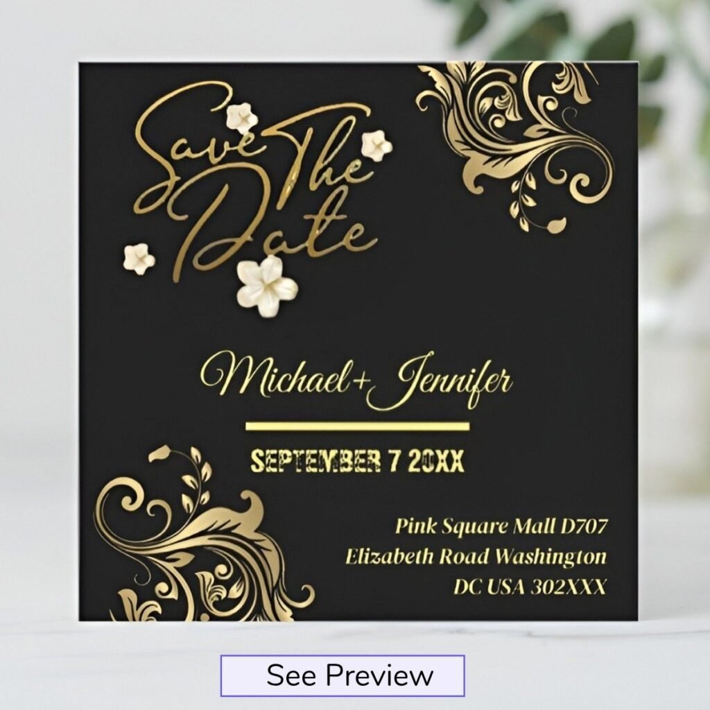 Elegant black and gold save the date card featuring luxurious gold ornamental accents and personalized wedding details.
