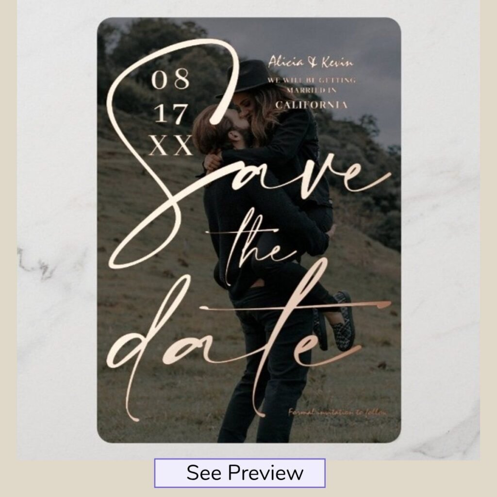 Elegant foil photo save the date card with customizable Gold, Silver, or Rose Gold foil lettering and engagement photo.