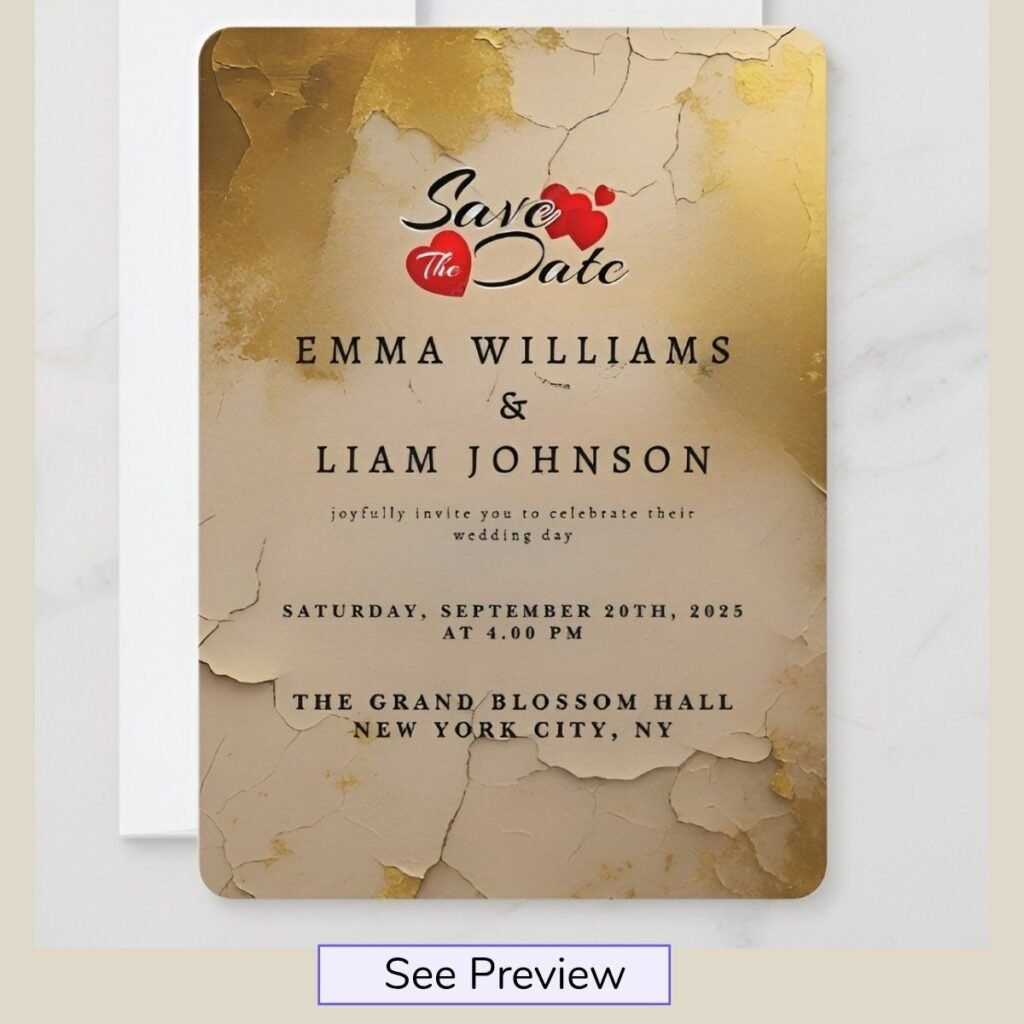 Elegant gold cracked texture save the date card with personalized wedding details and classic typography.