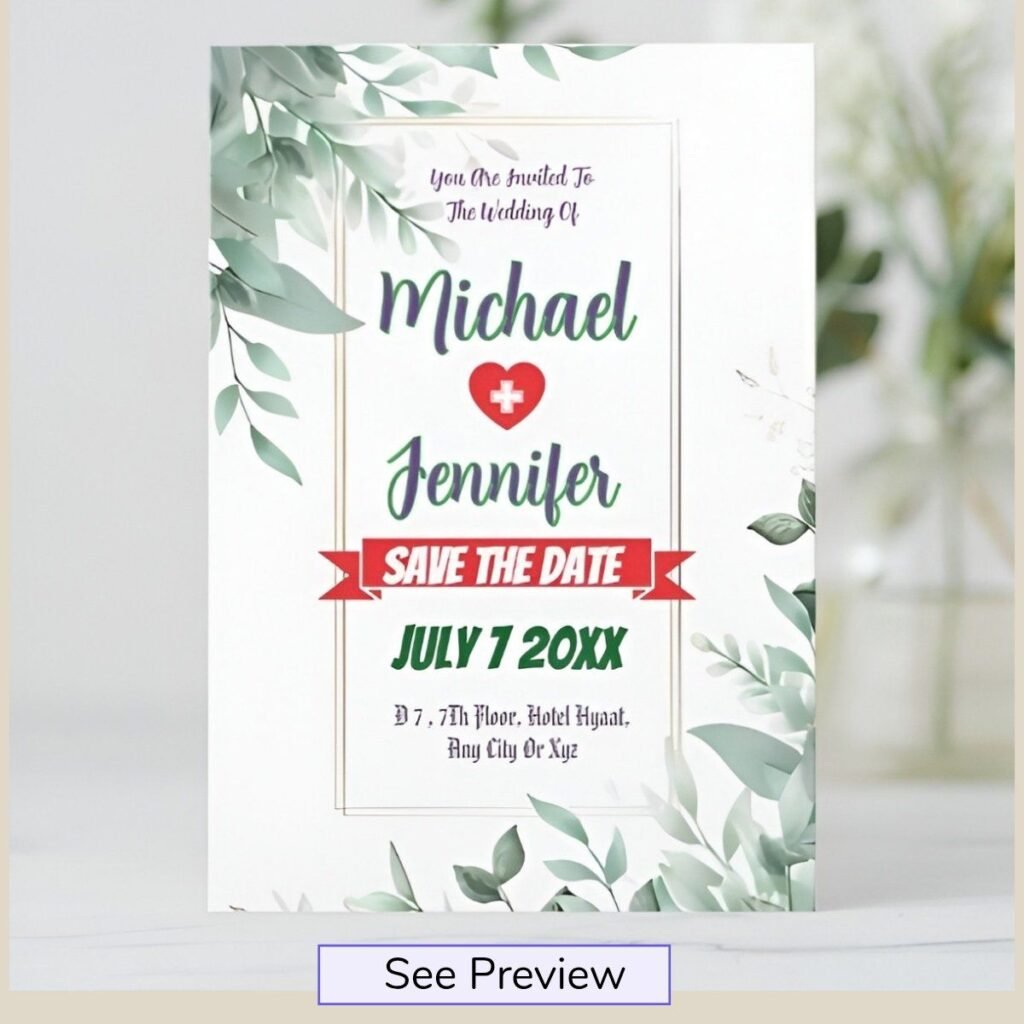 Elegant greenery minimalist save the date card with botanical leaves and customizable wedding details.