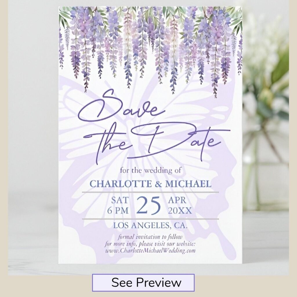 Elegant lavender wisteria save the date card with cascading purple flowers and personalized wedding details.