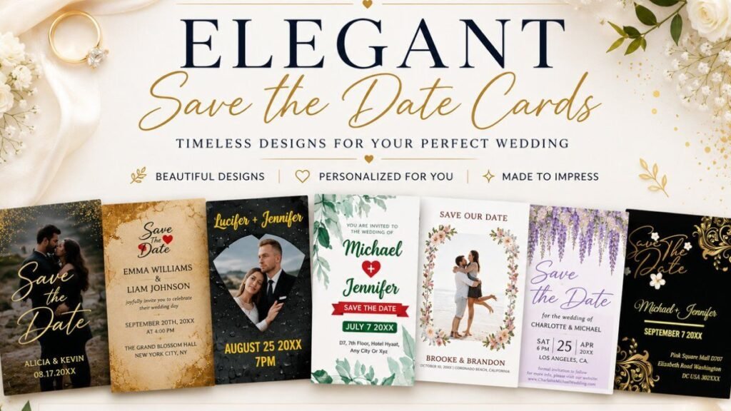 Elegant save the date cards featuring luxury, floral, greenery, photo, botanical, and modern wedding invitation designs.